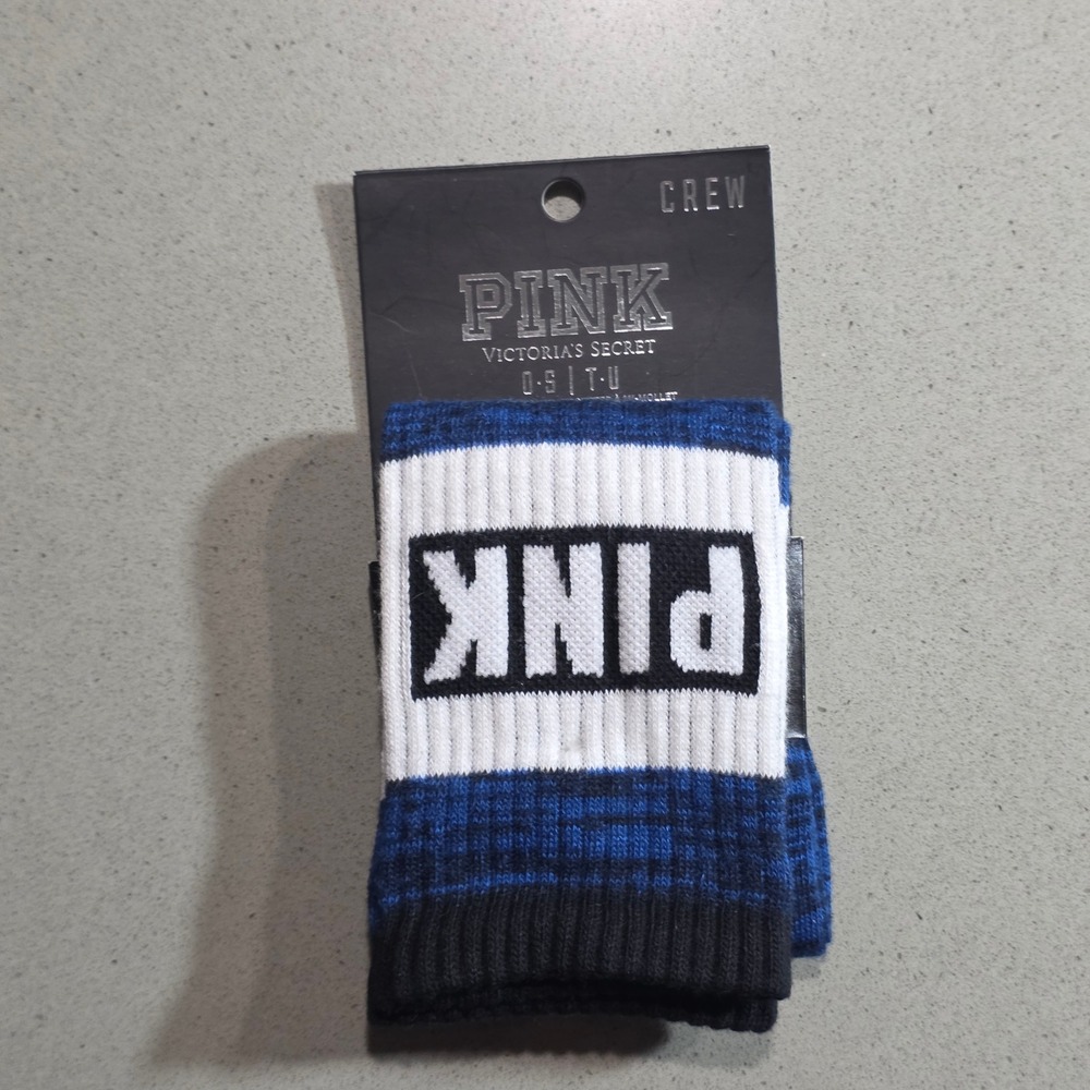 Victorias Secret PINK Crew Socks Blue White Logo OS New With Tags